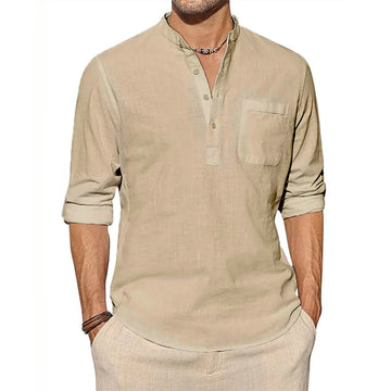 Men's Cotton Linen Shirts Long Sleeve Shirt Casual Beach Shirts Henley T-Shirt Vacation Tops with Pocket Men Streetwear