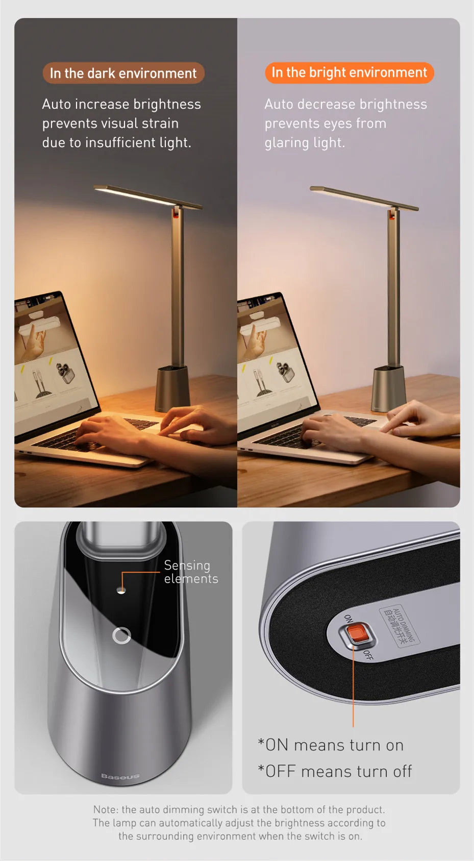 Baseus LED Desk Lamp Eye Protection Study Dimmable Office Light Foldable Table Lamp Smart Adaptive Brightness Bedside Read Lamp - Aurex