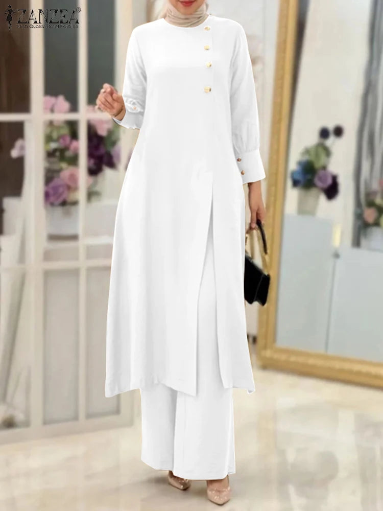 ZANZEA Muslim Abaya Suit Elegant Women Matching Sets Fashion Long Shirt Tops & Wide Leg Pants Ramadan Outfits Urban Tracksuits - Aurex
