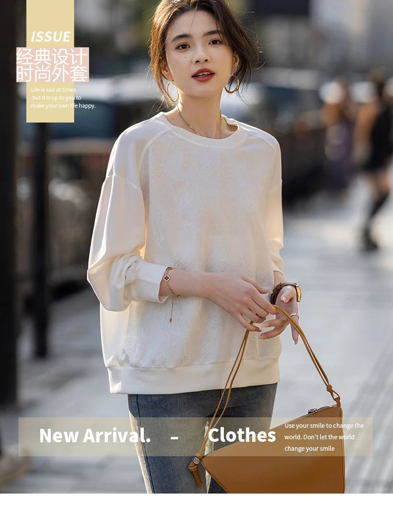 Women's hoodie spring and autumn Korean embroidery niche design long-sleeved round neck top - Aurex