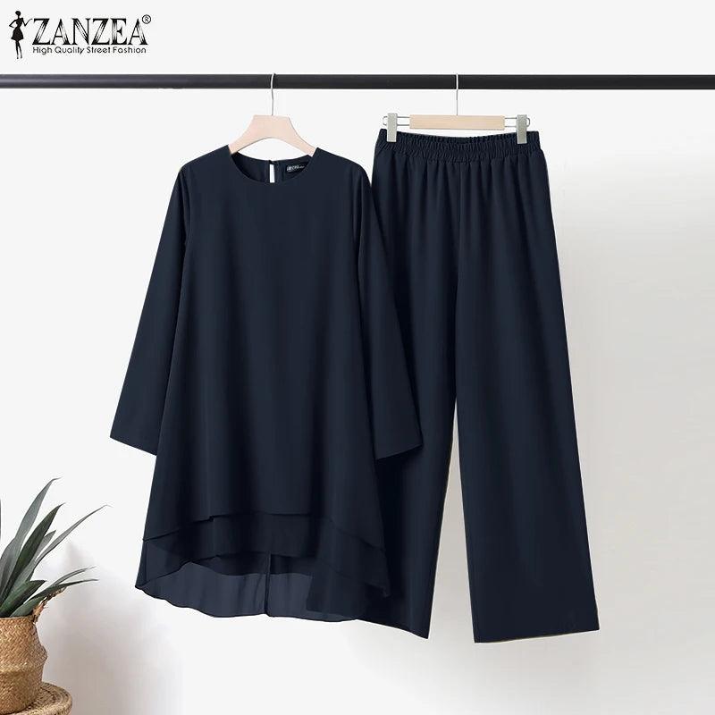 ZANZEA Women Two Piece Sets Outifits Fashion Tracksuit Muslim Long Sleeve Blouse Pant Sets Casual Solid Matching Sets 2PCS - Aurex