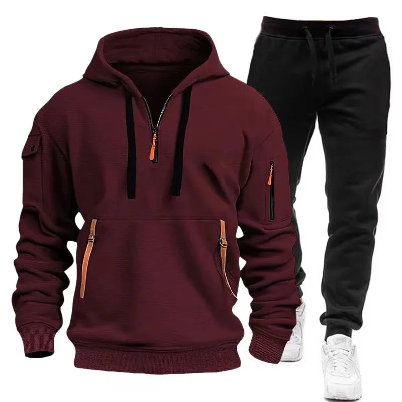 Winter Hoodie Sets Men Fashion Fleece Red Hoodies Black Brand Pants Casual Jogger Suit Tracksuit Sweatshirt Woman Pullover S-3XL - Aurex