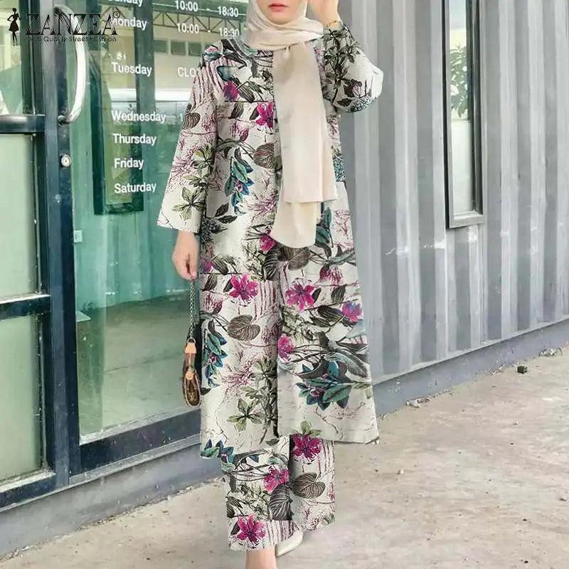 ZANZEA Vintage Women Long Sleeve Blouse Pant Sets 2PCS Floral Printed Loose Outifits Retro Casual Trouser Suit Muslim Tracksuits - Aurex