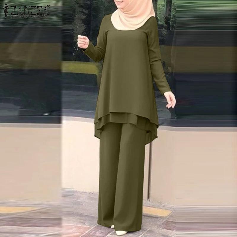 ZANZEA Women Two Piece Sets Outifits Fashion Tracksuit Muslim Long Sleeve Blouse Pant Sets Casual Solid Matching Sets 2PCS - Aurex