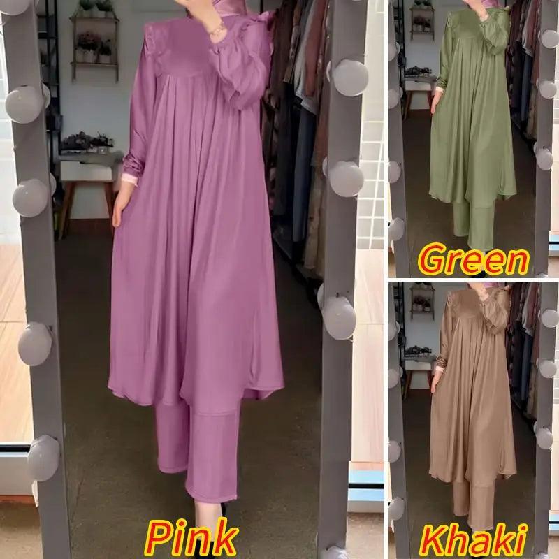 ZANZEA Autumn Muslim Long Sleeve Ruffle Tops Pants Suits 2PCS Women Casual Jilbab Islamic Sets Clothing Abaya Outifits Tracksuit - Aurex