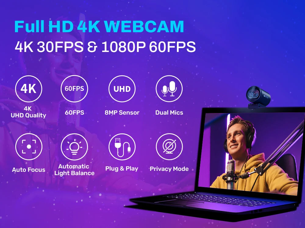 Webcam 4K Streaming Web Camera 1080P 60FPS USB Camera EMEET S600 Autofocus Living Stream Camera With Mics for Tiktok/YouTube - Aurex