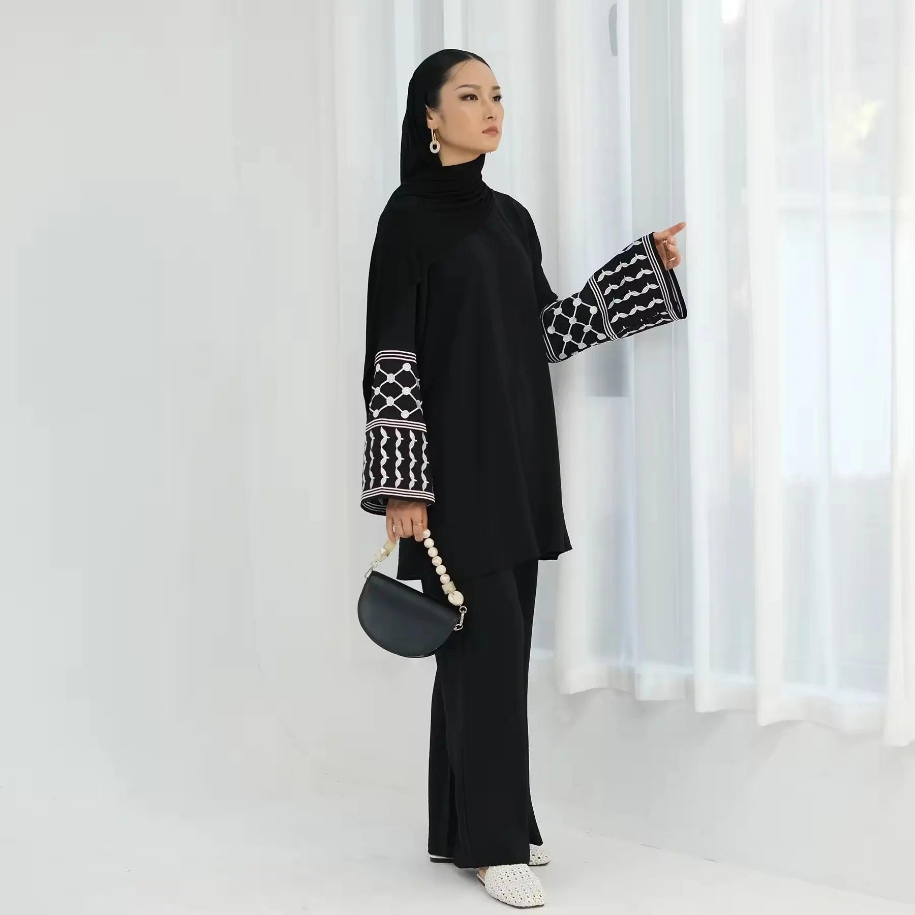 2Pieces Ramadan Eid Djellaba Suits Abaya Dubai  Embroidery Shirt + Pants Muslim Sets Abaya Dubai Muslim Islam Abayas WY2060 - Aurex