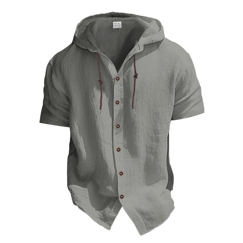 Summer 100% cotton linen men's short sleeved shirt in US size solid color hooded casual T-shirt plus size men's clothing