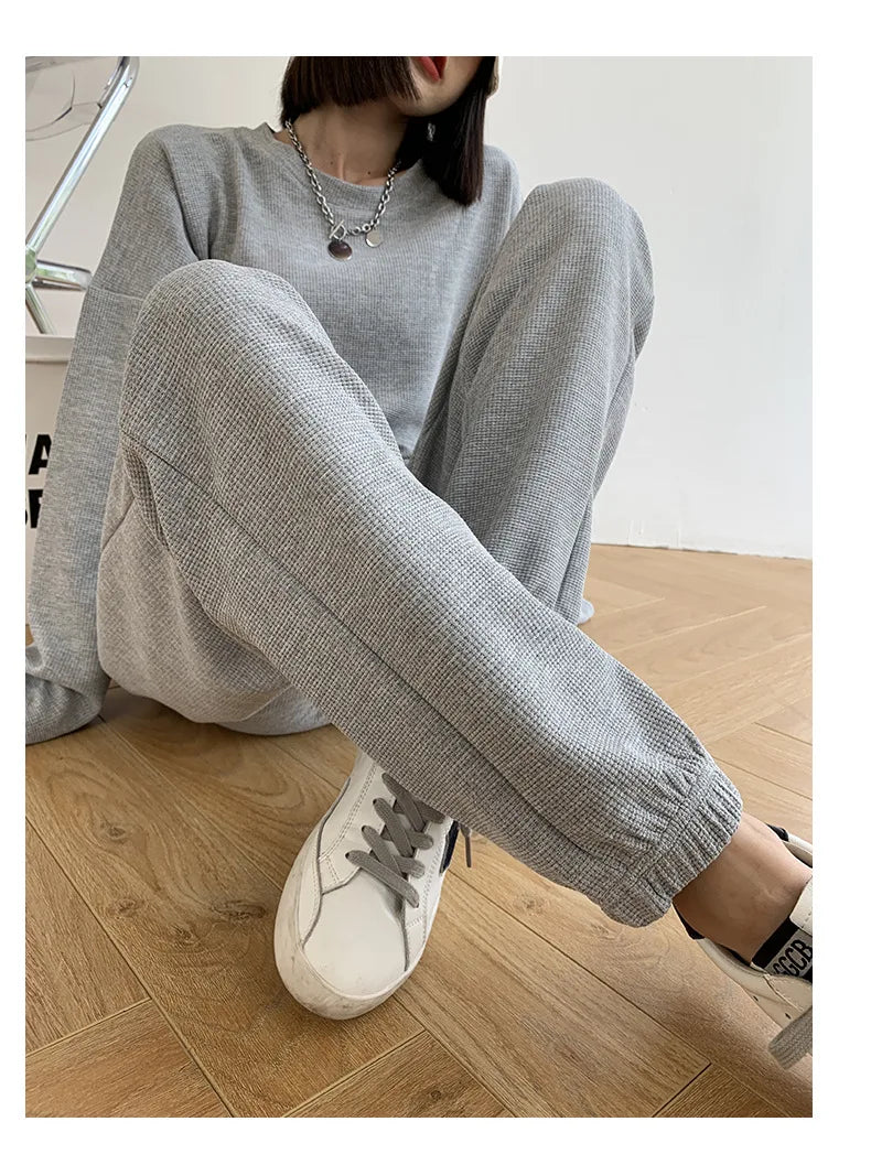 New Round Neck Running Set Long Sleeved Long Pants 2-piece Set Women's Waffle Sports Hoodie Top Men's Women's Fitness Sports Set - Aurex