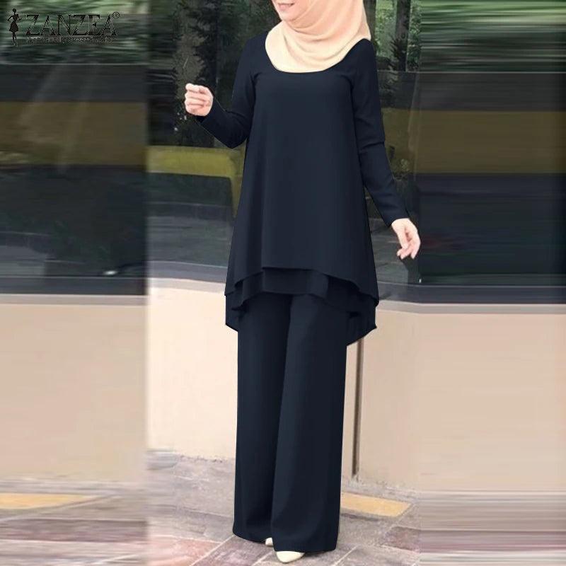 ZANZEA Women Two Piece Sets Outifits Fashion Tracksuit Muslim Long Sleeve Blouse Pant Sets Casual Solid Matching Sets 2PCS - Aurex