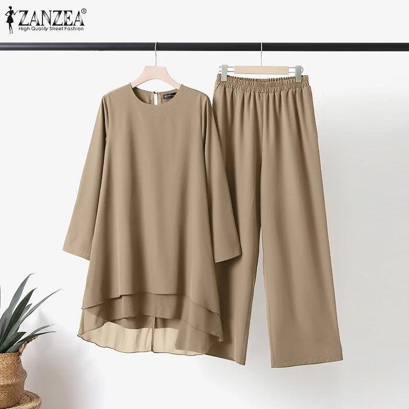 ZANZEA Women Two Piece Sets Outifits Fashion Tracksuit Muslim Long Sleeve Blouse Pant Sets Casual Solid Matching Sets 2PCS - Aurex