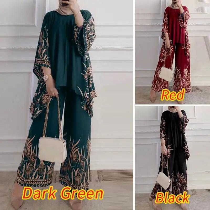 ZANZEA Women Vintage Floral Printed Trousers Suits 2PCS Long Sleeve Blouse Muslim Pants Sets Casual Tracksuit Islamic Clothing - Aurex