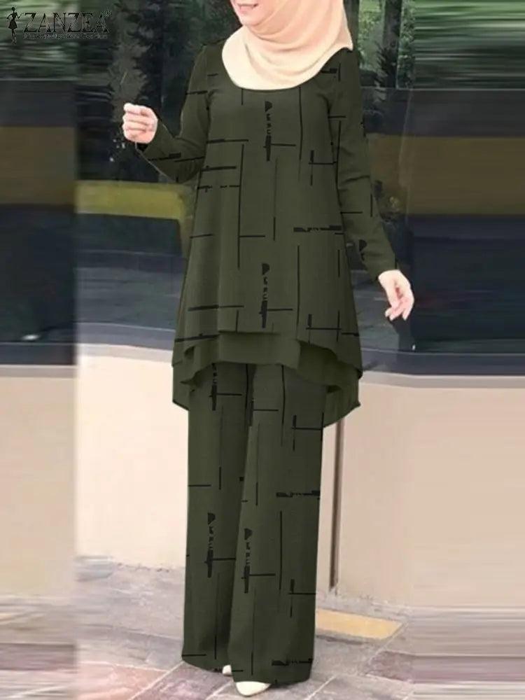 ZANZEA Women Two Piece Sets Outifits Fashion Tracksuit Muslim Long Sleeve Blouse Pant Sets Casual Solid Matching Sets 2PCS - Aurex