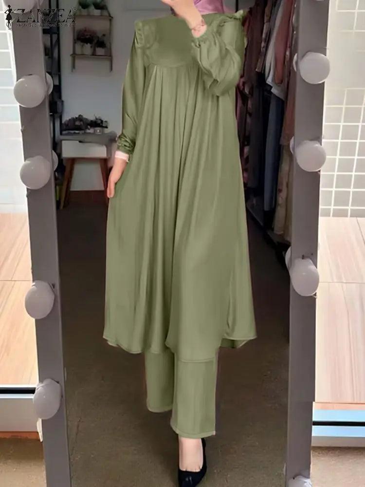 ZANZEA Autumn Muslim Long Sleeve Ruffle Tops Pants Suits 2PCS Women Casual Jilbab Islamic Sets Clothing Abaya Outifits Tracksuit - Aurex