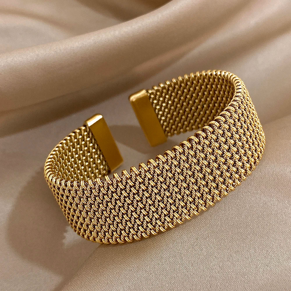 Vintage Stainless Steel Braided Mesh Cuff Bracelet – Elegant Waterproof Jewelry for Women
