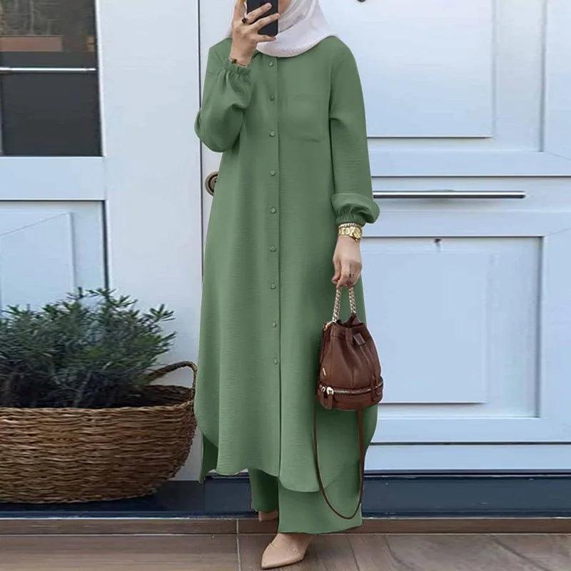 Eid Two-Piece Set – Women's Shirt with Pocket & Wide-Leg Pants | Modest Ramadan Outfit - Aurex