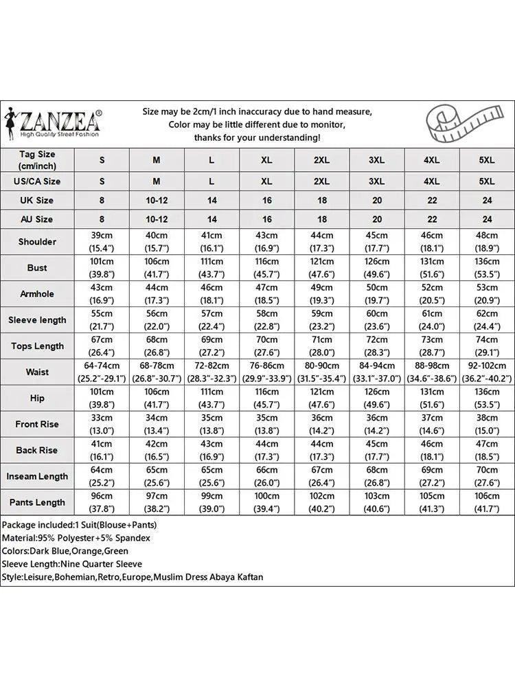 2pcs Women Muslim Matching Sets Long Sleeve Printed Blouse Wide Leg Trousers Suit ZANZEA Summer Pant Sets Dubai Hijab Tracksuits - Aurex