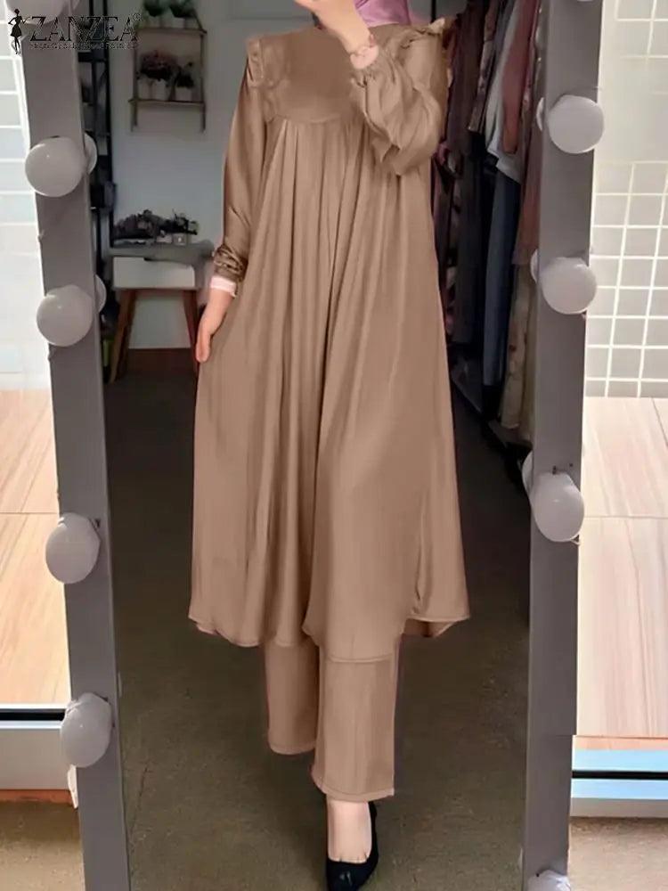 ZANZEA Autumn Muslim Long Sleeve Ruffle Tops Pants Suits 2PCS Women Casual Jilbab Islamic Sets Clothing Abaya Outifits Tracksuit - Aurex