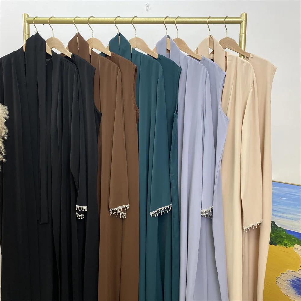 New fashion Muslim women sleeveless dress plus Muslim cardigan two-piece Arab Turkey Dubai dress elegant temperament clothing - Aurex