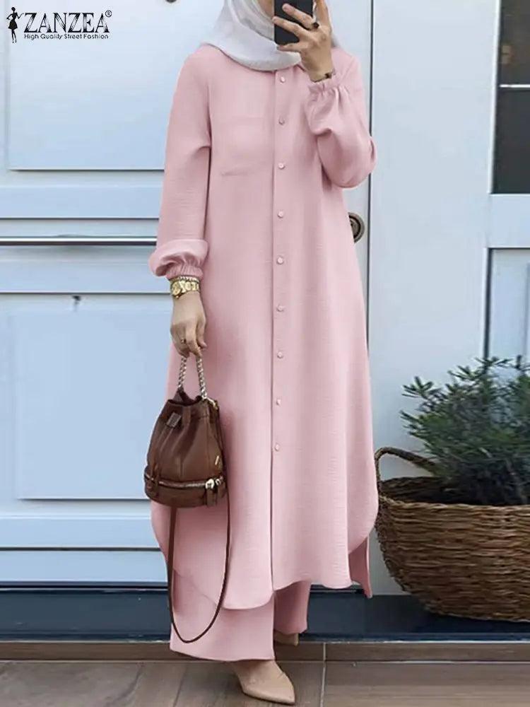 ZANZEA Autumn Muslim Sets Turkey Dubai Abaya Women Long Sleeve Shirt Set Causal Pants Suits Abayas For Women IsIamic Outifits - Aurex