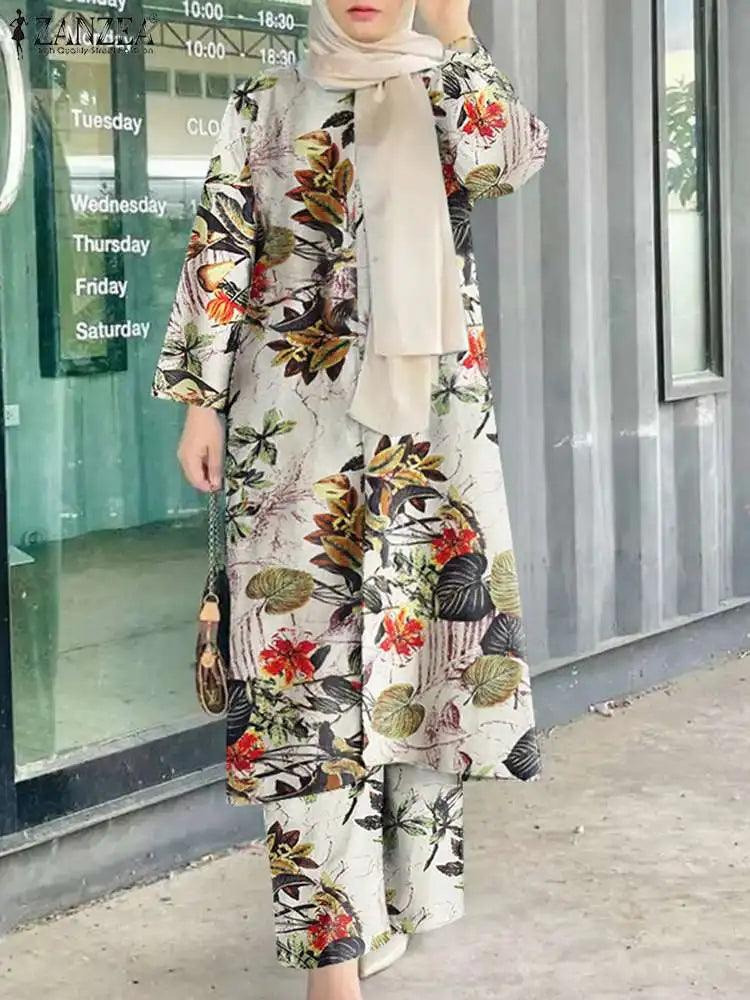 ZANZEA Vintage Women Long Sleeve Blouse Pant Sets 2PCS Floral Printed Loose Outifits Retro Casual Trouser Suit Muslim Tracksuits - Aurex