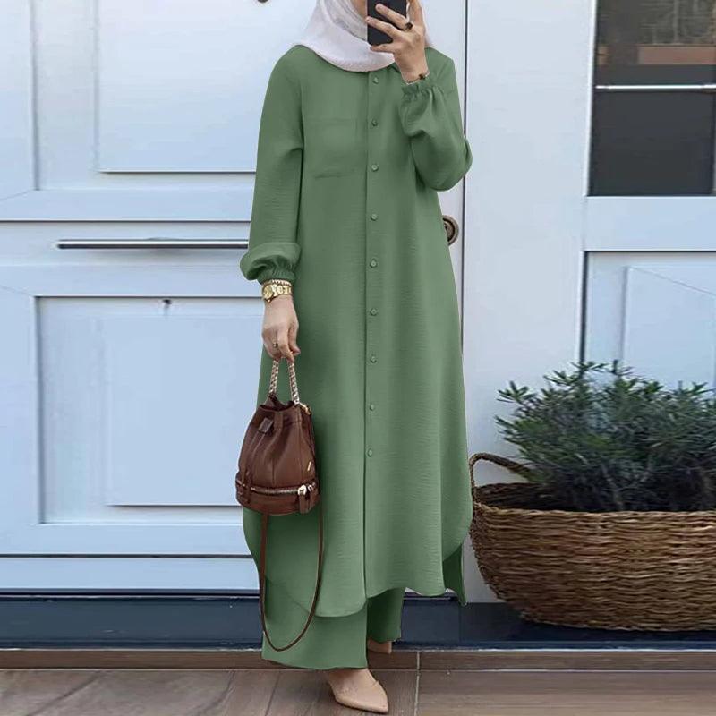 ZANZEA Autumn Muslim Sets Turkey Dubai Abaya Women Long Sleeve Shirt Set Causal Pants Suits Abayas For Women IsIamic Outifits - Aurex