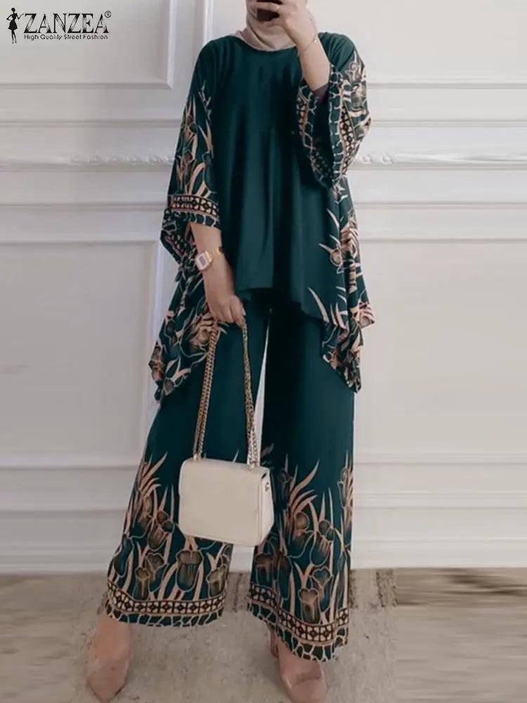 ZANZEA Women Vintage Floral Printed Trousers Suits 2PCS Long Sleeve Blouse Muslim Pants Sets Casual Tracksuit Islamic Clothing - Aurex