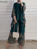 ZANZEA Women Vintage Floral Printed Trousers Suits 2PCS Long Sleeve Blouse Muslim Pants Sets Casual Tracksuit Islamic Clothing - Aurex