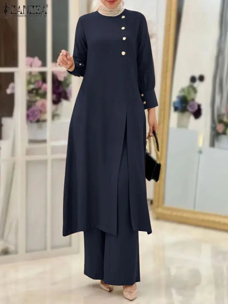 ZANZEA Muslim Abaya Suit Elegant Women Matching Sets Fashion Long Shirt Tops & Wide Leg Pants Ramadan Outfits Urban Tracksuits - Aurex