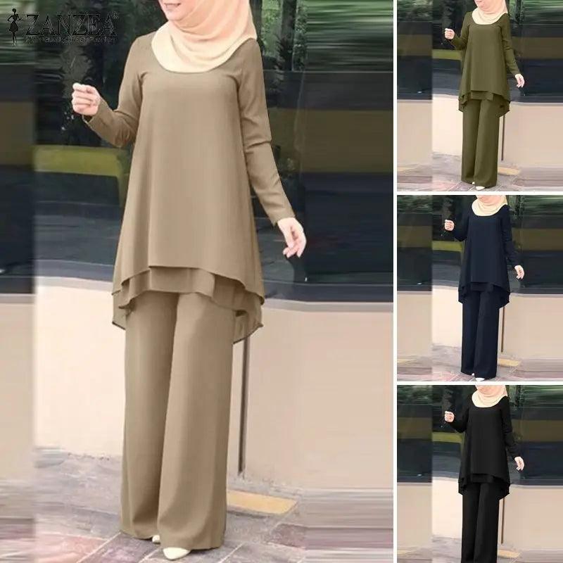 ZANZEA Women Two Piece Sets Outifits Fashion Tracksuit Muslim Long Sleeve Blouse Pant Sets Casual Solid Matching Sets 2PCS - Aurex