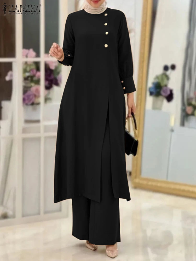 ZANZEA Muslim Abaya Suit Elegant Women Matching Sets Fashion Long Shirt Tops & Wide Leg Pants Ramadan Outfits Urban Tracksuits - Aurex