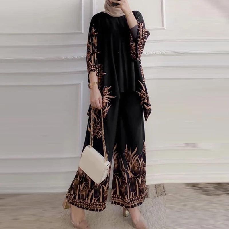 ZANZEA Women Vintage Floral Printed Trousers Suits 2PCS Long Sleeve Blouse Muslim Pants Sets Casual Tracksuit Islamic Clothing - Aurex