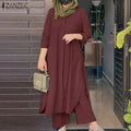 2025 ZANZEA Muslim Sets Women Long Sleeve Tops Wide Leg Pant Sets 2PCS IsIamic Outifits Elegant Tracksuits Matching Sets - Aurex