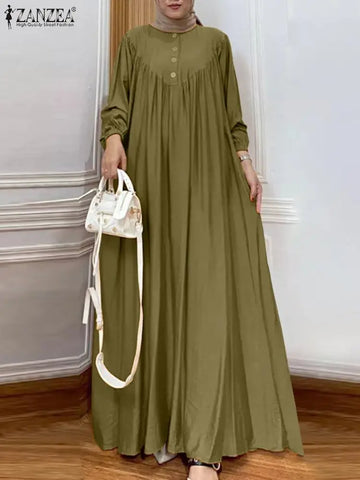 ZANZEA Solid Muslim Fashion Islamic Dress Women's Vintage Turkey Abaya Robe Long Sleeve Hijab O Neck Pleated Loose Kebaya 2025