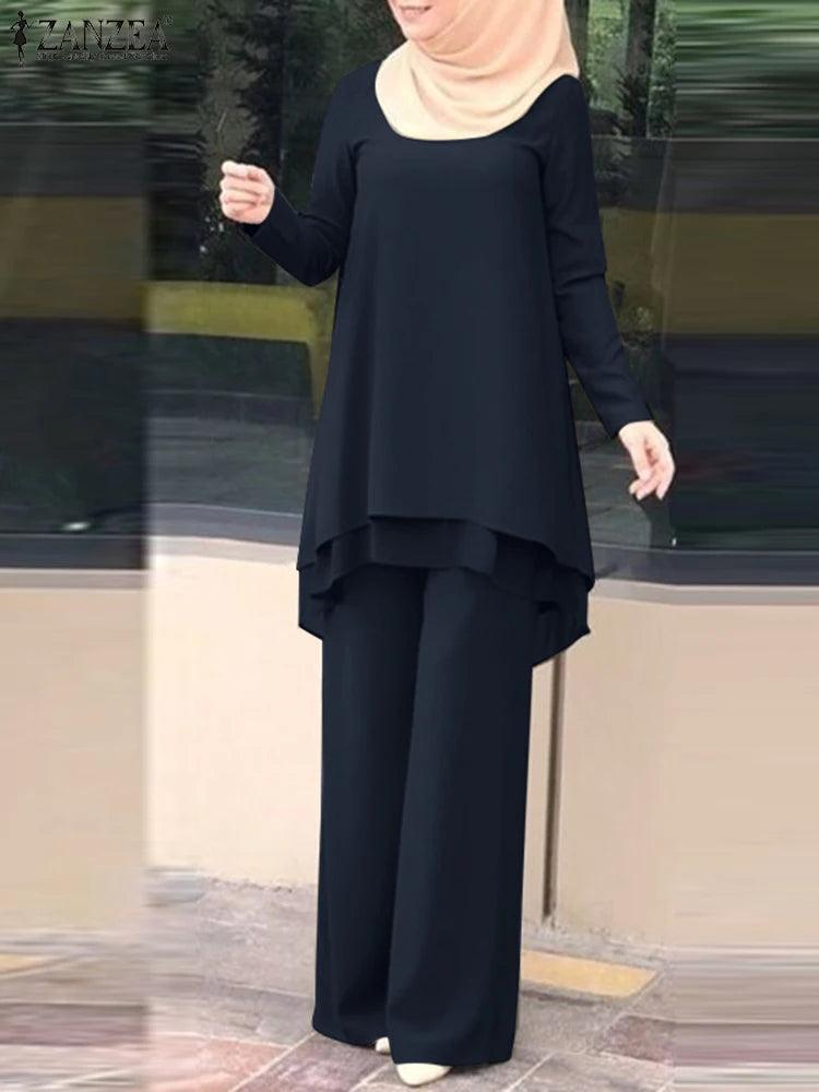 ZANZEA Women Two Piece Sets Outifits Fashion Tracksuit Muslim Long Sleeve Blouse Pant Sets Casual Solid Matching Sets 2PCS - Aurex