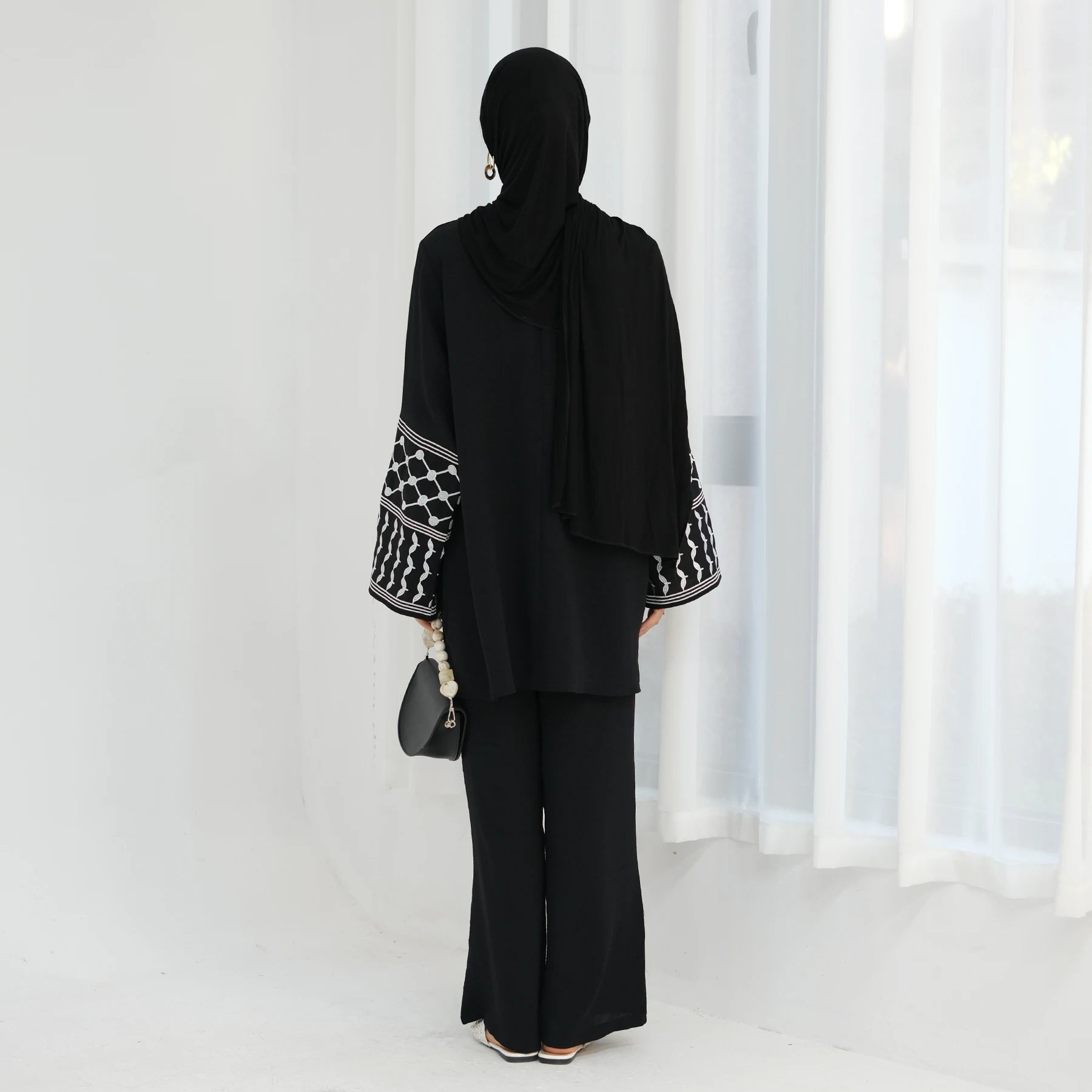 Muslim Women's Modest Tunic Pants Set, Keffiyeh Pattern Embroidery, Casual Dubai Turkish Hijabi Islamic Matching Outfit, Ramadan - Aurex