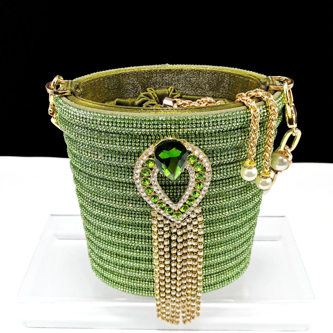 QSGFC Newest Olive Color Personalized  Design Rhinestone Decoration High Heel Peep Toe Banquet Ladies Shoes And Bag Set