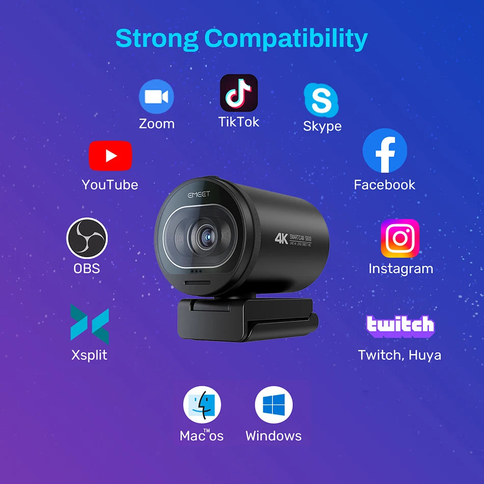 Webcam 4K Streaming Web Camera 1080P 60FPS USB Camera EMEET S600 Autofocus Living Stream Camera With Mics for Tiktok/YouTube - Aurex
