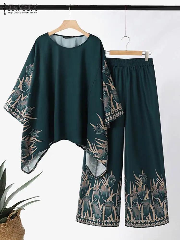 ZANZEA Women Vintage Floral Printed Trousers Suits 2PCS Long Sleeve Blouse Muslim Pants Sets Casual Tracksuit Islamic Clothing - Aurex