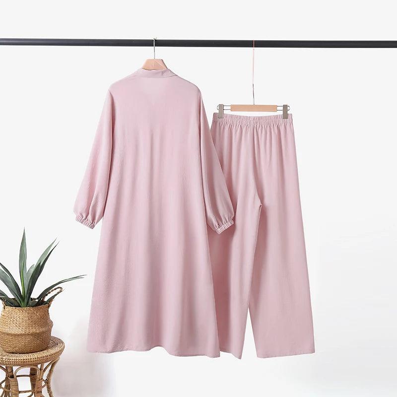 ZANZEA Autumn Muslim Sets Turkey Dubai Abaya Women Long Sleeve Shirt Set Causal Pants Suits Abayas For Women IsIamic Outifits - Aurex