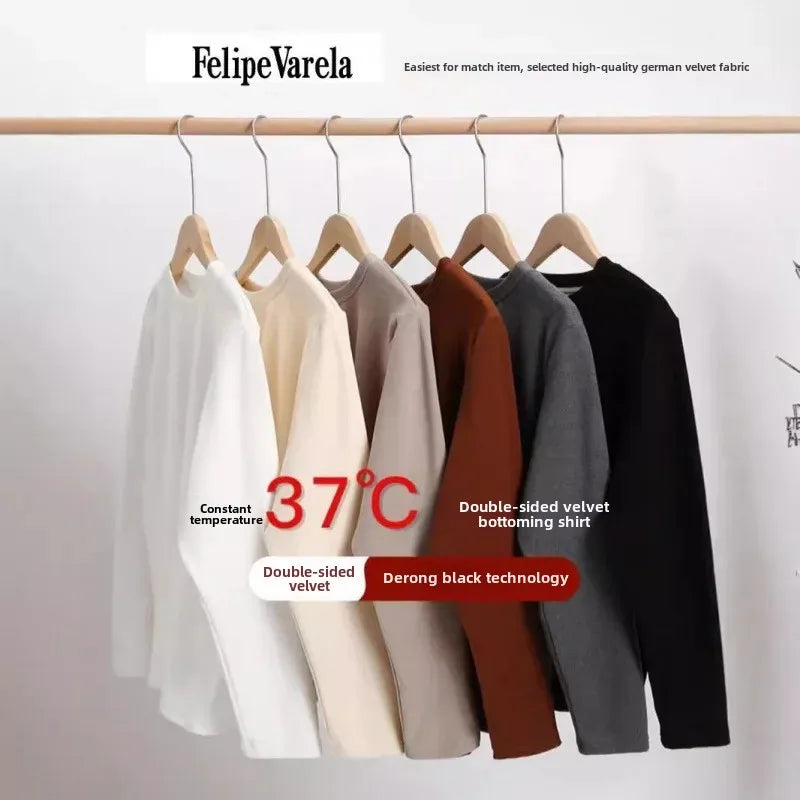 Thickened Warm Fleece-Lined Long Sleeve T-Shirt Men's Autumn Winter Solid Color Round Neck Base Layer Top Cozy Soft Velvet Doubl
