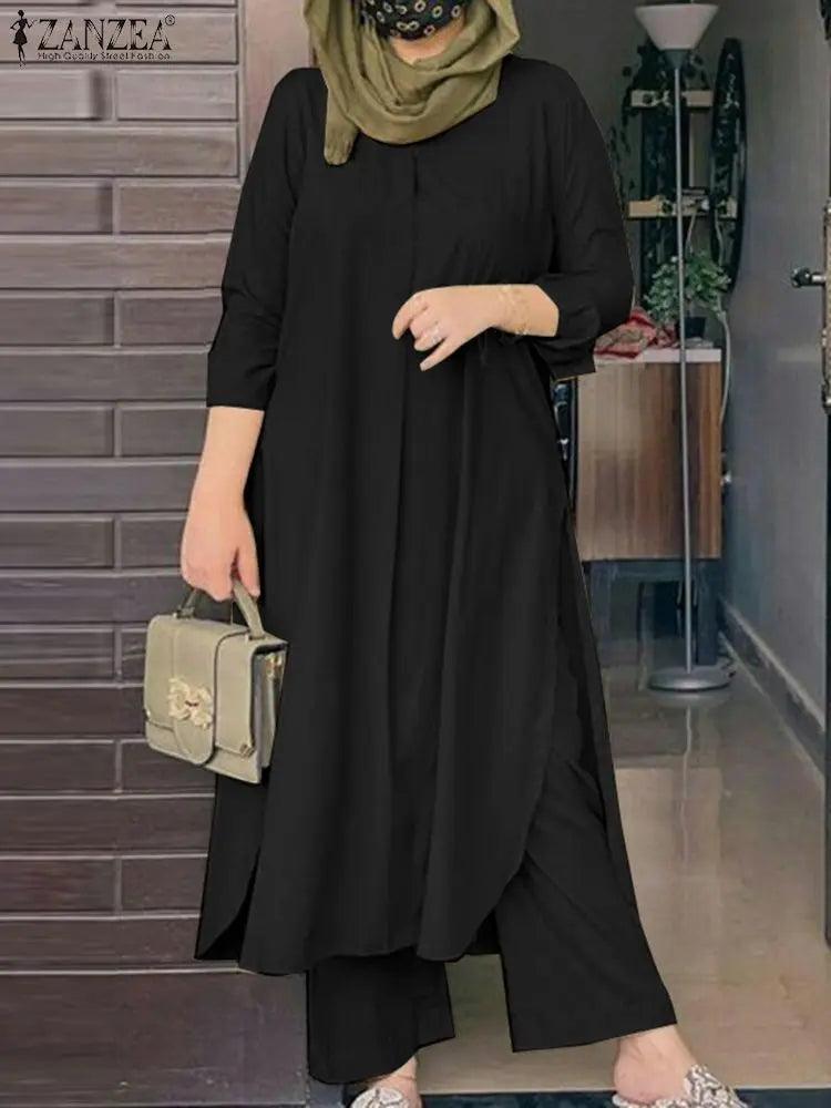 2025 ZANZEA Muslim Sets Women Long Sleeve Tops Wide Leg Pant Sets 2PCS IsIamic Outifits Elegant Tracksuits Matching Sets - Aurex