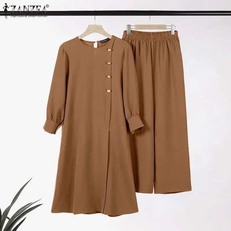 ZANZEA Muslim Abaya Suit Elegant Women Matching Sets Fashion Long Shirt Tops & Wide Leg Pants Ramadan Outfits Urban Tracksuits - Aurex