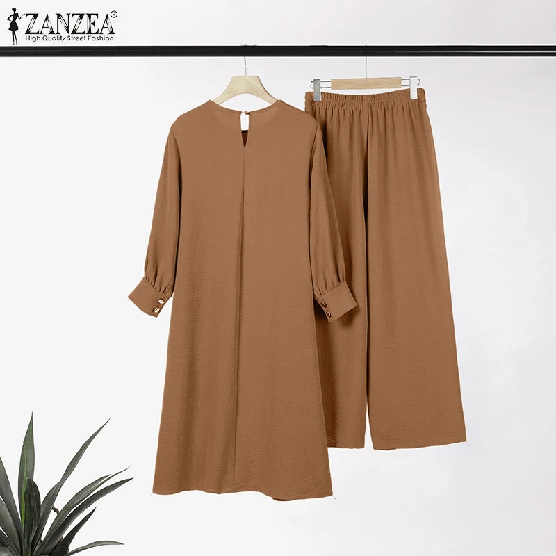 ZANZEA Muslim Abaya Suit Elegant Women Matching Sets Fashion Long Shirt Tops & Wide Leg Pants Ramadan Outfits Urban Tracksuits - Aurex
