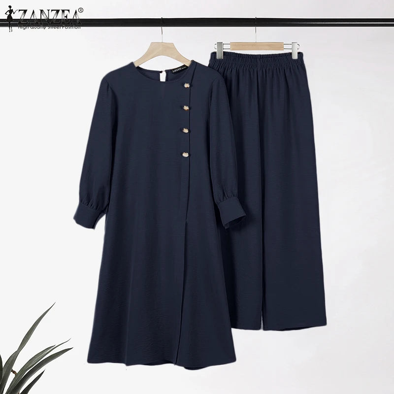 ZANZEA Muslim Abaya Suit Elegant Women Matching Sets Fashion Long Shirt Tops & Wide Leg Pants Ramadan Outfits Urban Tracksuits - Aurex