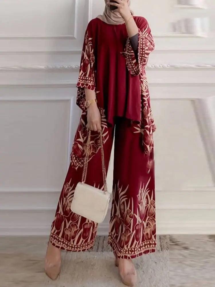 ZANZEA Women Vintage Floral Printed Trousers Suits 2PCS Long Sleeve Blouse Muslim Pants Sets Casual Tracksuit Islamic Clothing - Aurex