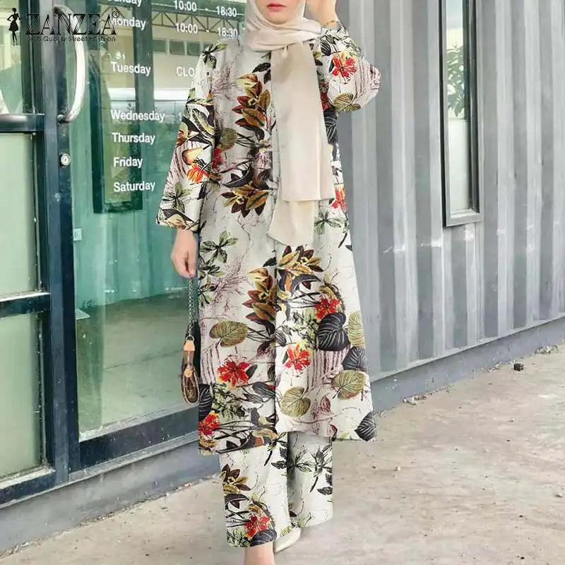 ZANZEA Vintage Women Long Sleeve Blouse Pant Sets 2PCS Floral Printed Loose Outifits Retro Casual Trouser Suit Muslim Tracksuits - Aurex