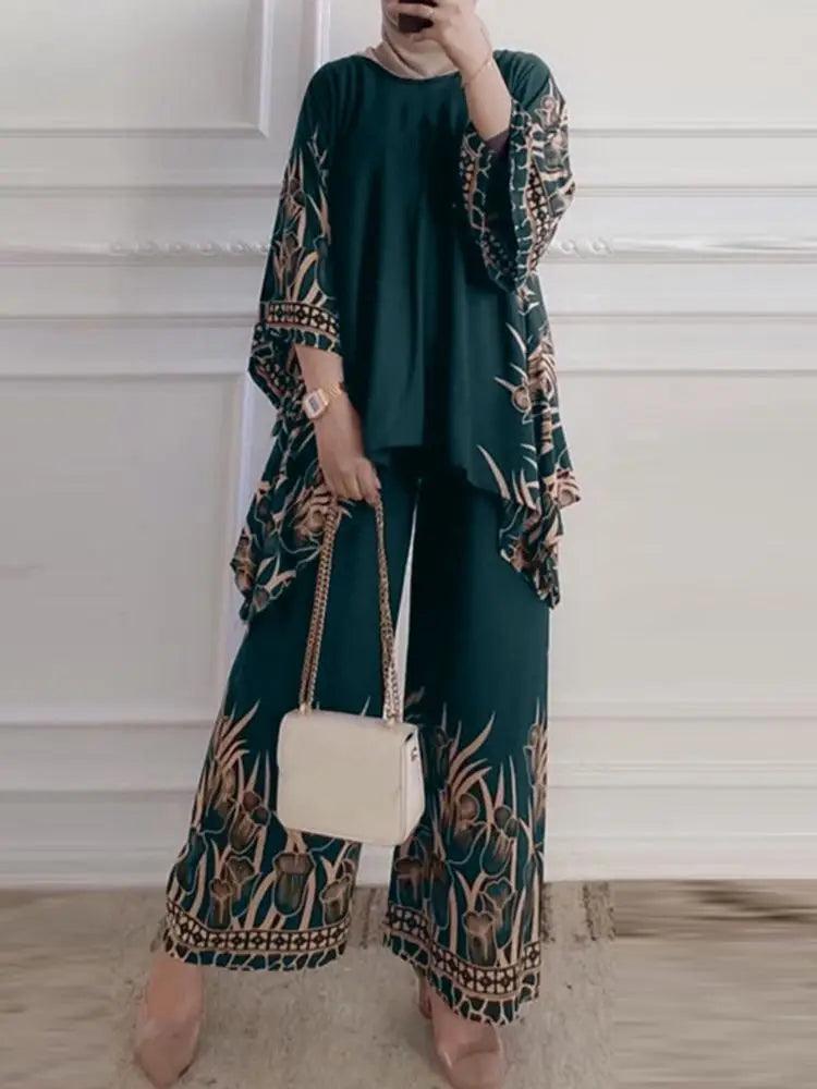 ZANZEA Women Vintage Floral Printed Trousers Suits 2PCS Long Sleeve Blouse Muslim Pants Sets Casual Tracksuit Islamic Clothing - Aurex