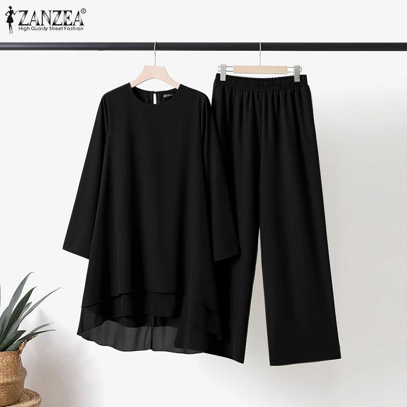 ZANZEA Women Two Piece Sets Outifits Fashion Tracksuit Muslim Long Sleeve Blouse Pant Sets Casual Solid Matching Sets 2PCS - Aurex