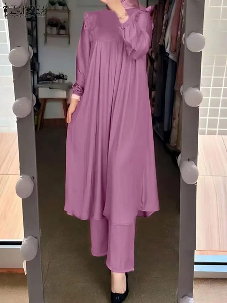ZANZEA Autumn Muslim Long Sleeve Ruffle Tops Pants Suits 2PCS Women Casual Jilbab Islamic Sets Clothing Abaya Outifits Tracksuit - Aurex